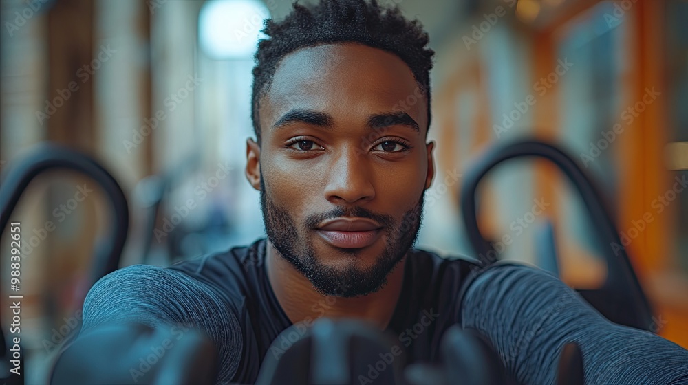 Poster man exercising on elliptical cross trainer machine wearing activewear routine workout for physical, 