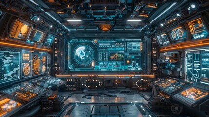 Obraz premium Interior of a high-tech industrial factory with computer-controlled machinery and digital displays