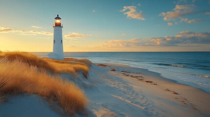 white lighthouse on the serene coast of Cape Cod, Massachusetts. This iconic beacon overlooks tranquil New England waters. coastal charm of a summer day
