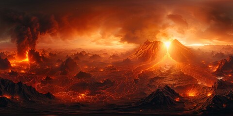 An immersive 360-degree panorama of an exoplanetary volcano, with molten lava flows and billowing plumes of ash erupting
