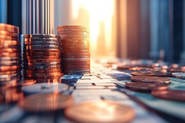 Coins and banknotes arranged with a sunset urban backdrop.