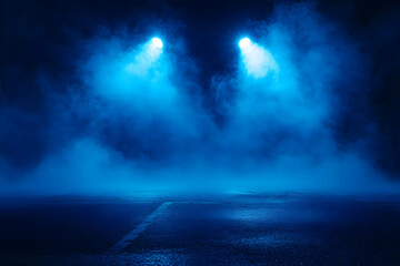 Blue Foggy Night Scene with Two Lights - Abstract Background