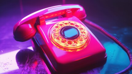 Glowing Vintage Rotary Phone - Nostalgic Retro Communication Aesthetic with Neon Light.