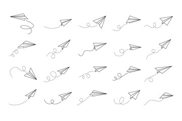 Hand drawn doodle paper plane set. isolated planes flight path. Line airplane icon travel, route. 