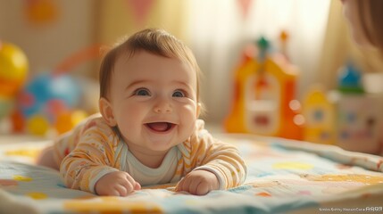 Fototapeta premium Adorable baby girl lying on her stomach and laughing on a colorful blanket