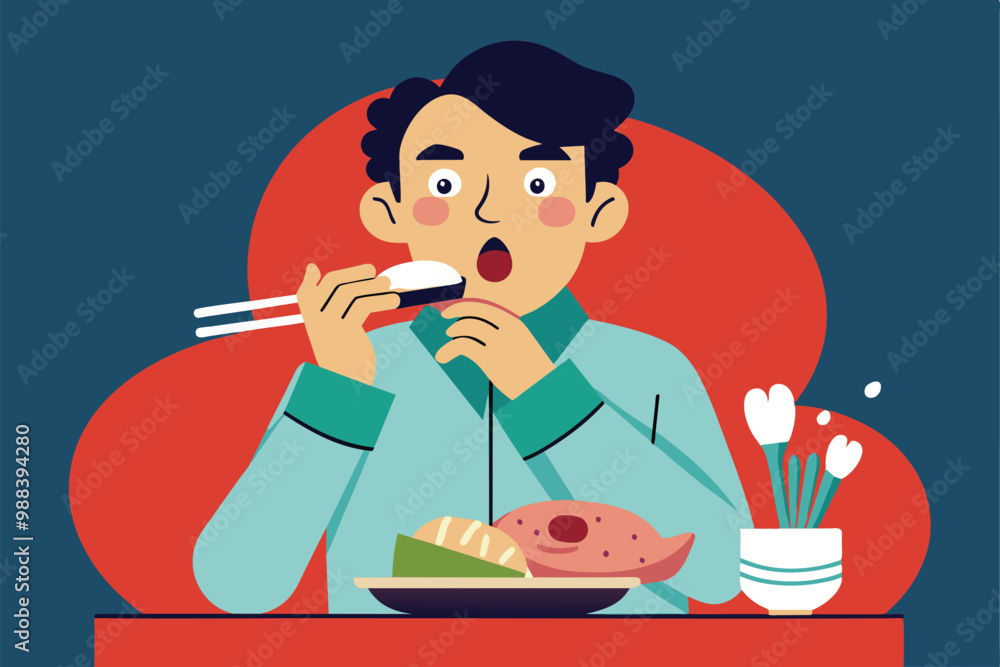 Poster a person with surprised expression enjoys sushi at a cozy table, holding chopsticks with a colorful 