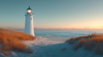 white lighthouse on the serene coast of Cape Cod, Massachusetts. This iconic beacon overlooks tranquil New England waters. coastal charm of a summer day