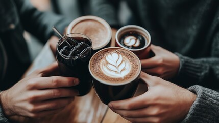Friends enjoying various coffee beverages together in a cozy café setting on a chilly afternoon