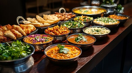 An assortment of Indian dishes in metal bowls, including curries, rice, and naan bread, displayed on a wooden table.