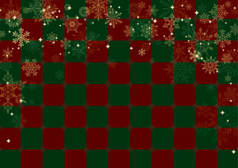 金色の雪の結晶がきれいなクリスマス背景用ベクターイラスト（濃い赤緑×金）