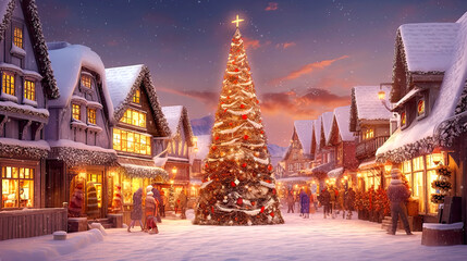 Fototapeta premium Historic town street and snowy winter in Christmas atmosphere. Postproducted generative AI illustration.