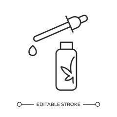 CBD oil linear icon. Dropper bottle with cannabis oil. Alternative medicine. Supplement. Organic product. Thin line illustration. Contour symbol. Vector outline drawing. Editable stroke