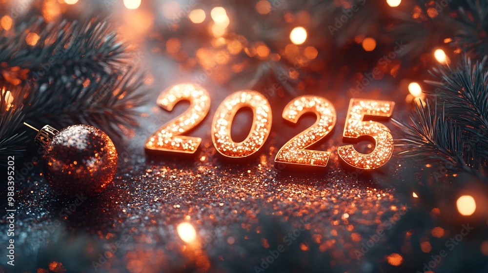 Poster elegant happy new year 2025 text shimmering gold with delicate fir tree branches and soft light effe