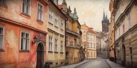 A picturesque street captures the charm of a historic city. The buildings feature rich textures and colors, evoking a sense of time travel. 