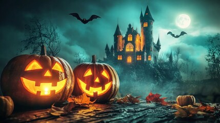 Spooky Halloween scene with jack-o'-lanterns and haunted castle