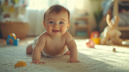 Adorable baby smiling and crawling in a bright sunny home