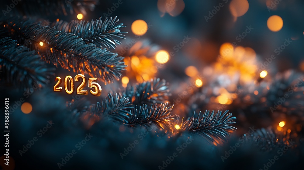 Aufkleber elegant happy new year 2025 text shimmering gold with delicate fir tree branches and soft light effe