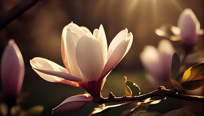 Beautiful blooming magnolia flower on branch, spring fresh air morning after rain. Natural sunlight bokeh. Generative AI