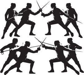 Dynamic Silhouettes of Six Duelists Engaged in a Fiery Fencing Encounter   silhouette  - fiting silhouette 