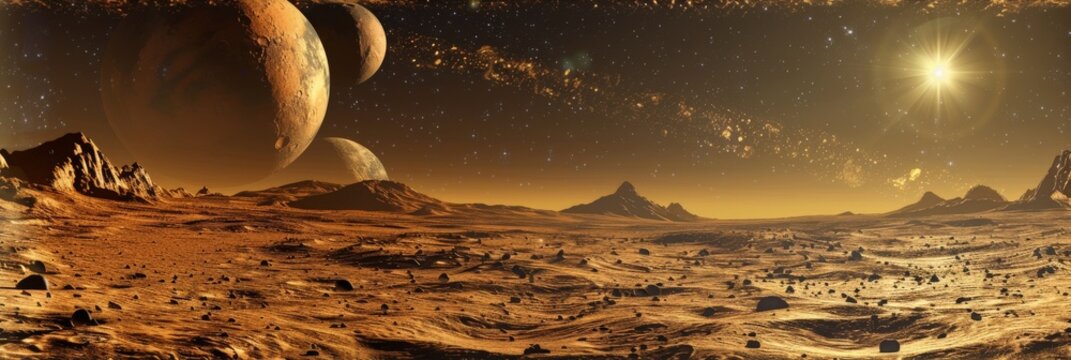 Unknown Planet Landscape, Unearthly Epic View, Unfamiliar Huge Planets of Different Sizes