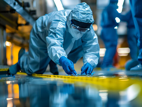 Forensic investigator in protective gear examining evidence at crime scene, evidence collection, forensic analysis, crime investigation, forensic research, scientific examination, crime lab work

