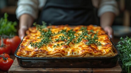 mature woman preparing homemade lasagn holding hot glass baking dish