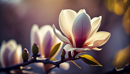 Beautiful blooming magnolia flower on branch, spring fresh air morning after rain. Natural sunlight bokeh. Generative AI