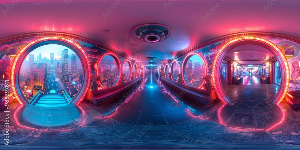 Poster an immersive 360-degree panorama of a futuristic digital maze, with pulsating neon corridors and int