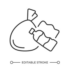 Garbage linear icon. Waste collection, management. Plastic bottle, garbage bag and crumpled paper. Pollution. Thin line illustration. Contour symbol. Vector outline drawing. Editable stroke