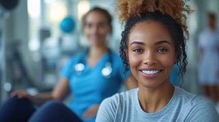 Fototapeta premium mid adult physiotherapist woman exercising with overweight woman indoors in rehabilitation center