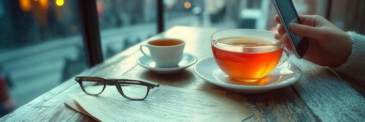 Woman drinking tea and using smartphone in cafe