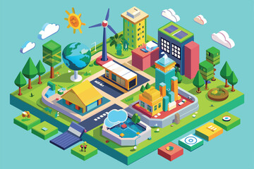 A colorful isometric illustration showcases a sustainable urban landscape featuring green technologies, renewable energy, and eco-friendly buildings.