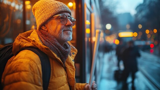 midsection of blind man with white cane getting on public transport in city