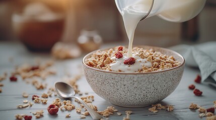 Pouring milk into bowl of granola and yogurt on table