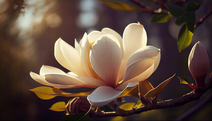Beautiful blooming magnolia flower on branch, spring fresh air morning after rain. Natural sunlight bokeh. Generative AI