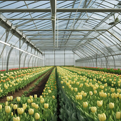 Rows of vibrant tulips in various colors, neatly arranged in the greenhouse.