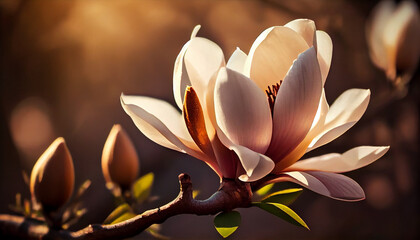 Beautiful blooming magnolia flower on branch, spring fresh air morning after rain. Natural sunlight bokeh. Generative AI