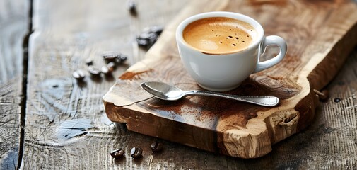 A freshly brewed cup of coffee served on a rustic wooden board, perfect for coffee lovers and cozy mornings.