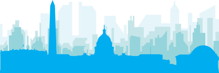 Blue panoramic city skyline poster with bluish misty transparent background buildings of WASHINGTON, UNITED STATES