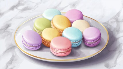 A beautifully arranged assortment of colorful macarons on a marble tray