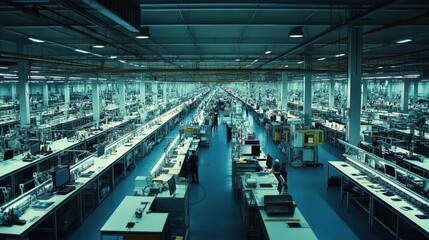 Vast and Bustling Industrial Electronics Factory Interior