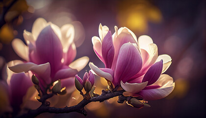 Beautiful blooming magnolia flower on branch, spring fresh air morning after rain. Natural sunlight bokeh. Generative AI