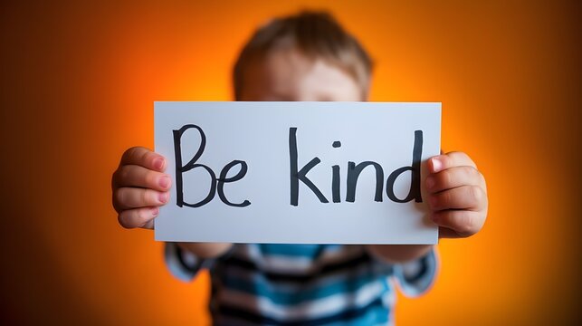A young child holding a sign with the written English words "Be Kind". The sign is being held out towards the camera. The background is a vibrant orange hue.