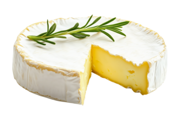 Round Camembert cheese with a wedge removed. Soft texture, creamy center, and white rind, isolated on white background