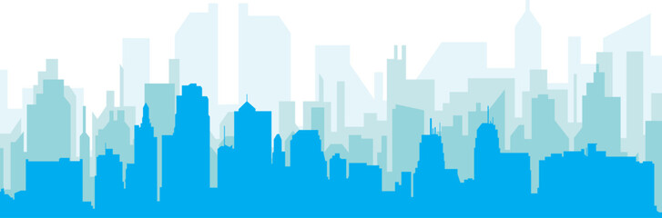 Fototapeta premium Blue panoramic city skyline poster with bluish misty transparent background buildings of KANSAS CITY, UNITED STATES