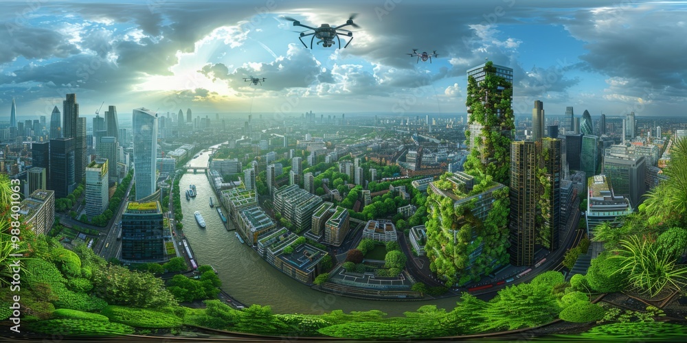 Aufkleber an immersive 360-degree equirectangular panorama of london in the future, featuring green spaces int
