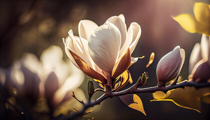 Beautiful blooming magnolia flower on branch, spring fresh air morning after rain. Natural sunlight bokeh. Generative AI