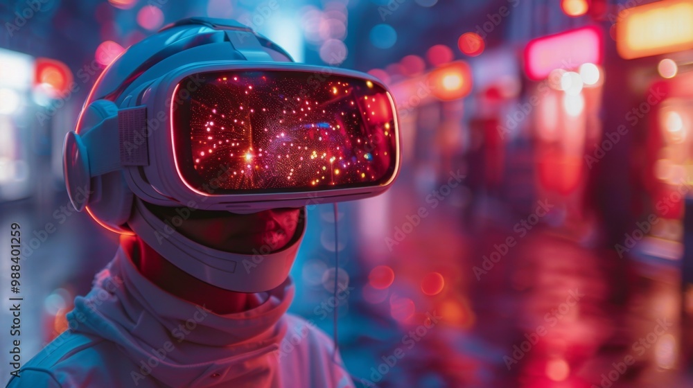 Poster create a futuristic scene featuring vr goggles immersed in a virtual world, with ai-generated animat