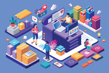 Various characters interact with technology in a colorful, customizable e-commerce setting, showcasing digital marketing elements and creative tools.