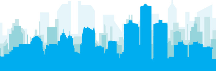 Blue panoramic city skyline poster with bluish misty transparent background buildings of DETROIT, UNITED STATES